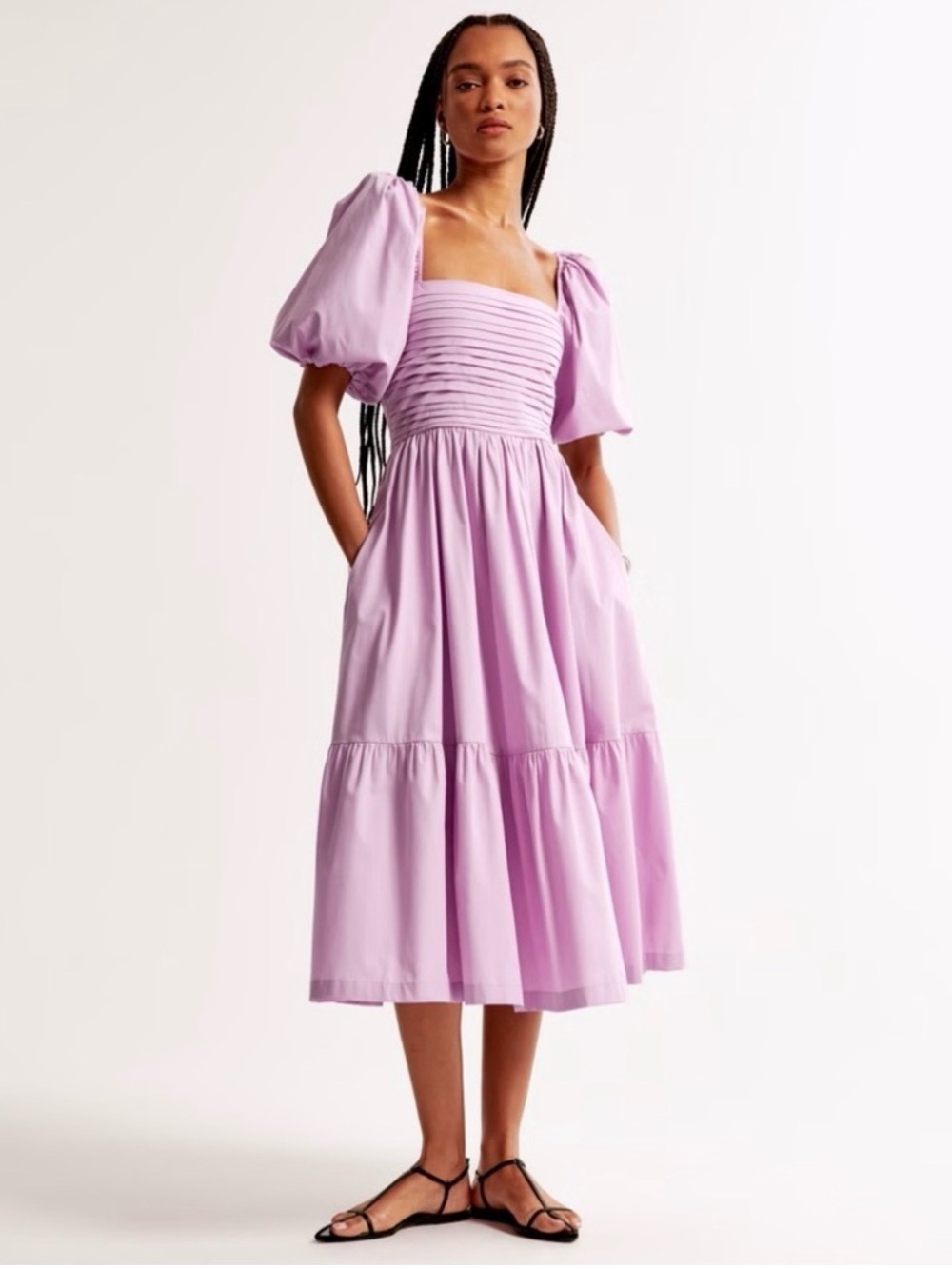 Abercrombie Emerson Poplin Puff-Sleeve Midi Dress Pink XS Tall